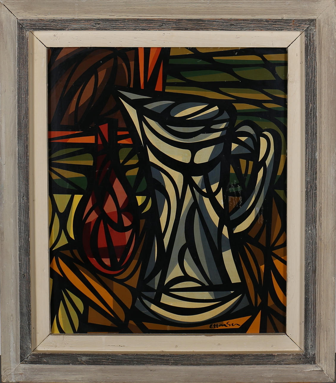 OIDENTIFIERAD KONSTNÄR. "Bringare och flaska". Akryl på pannå. Signerad E Hansen.