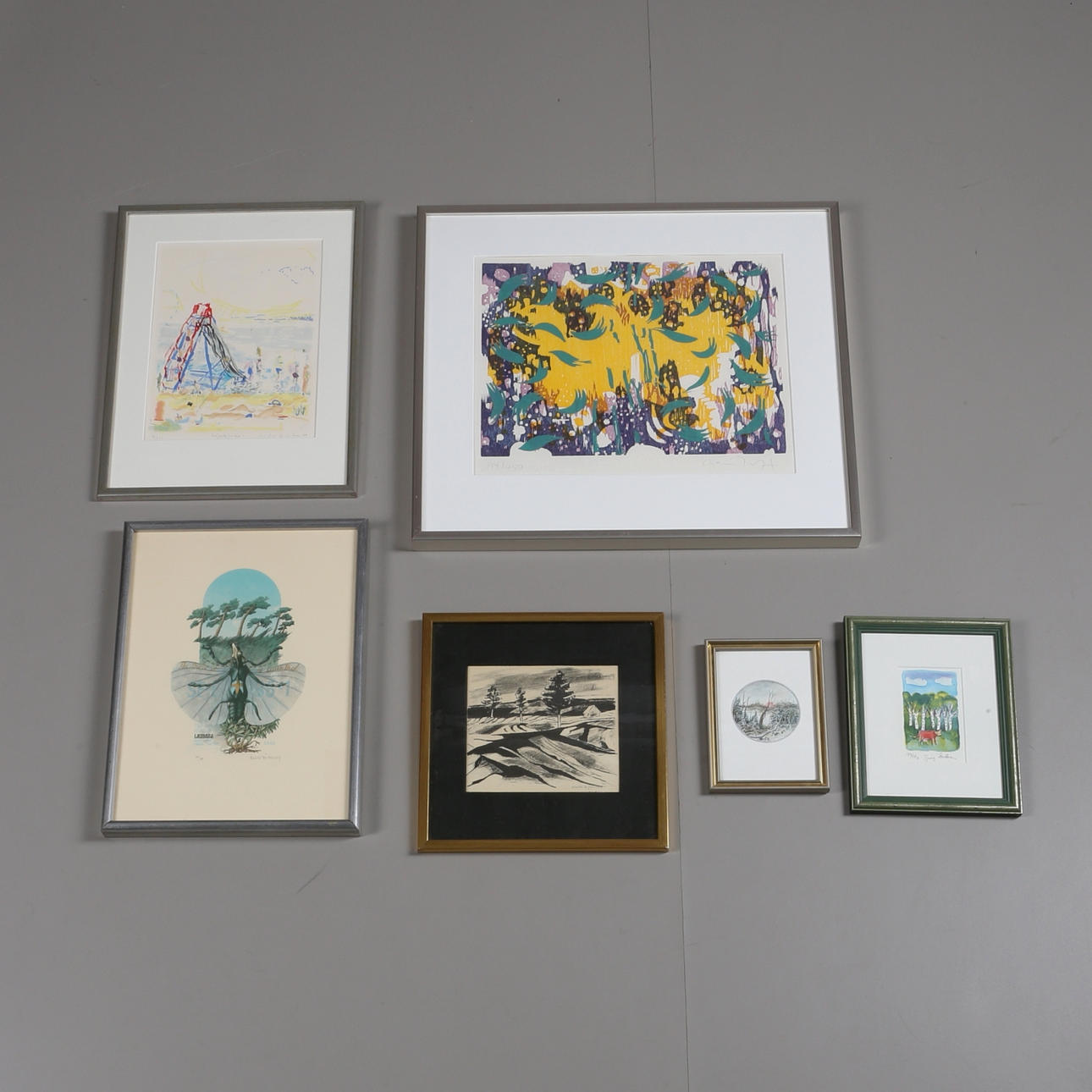 PARTI TAVLOR (6). Olika motiv. Färglitografier. Signerade.