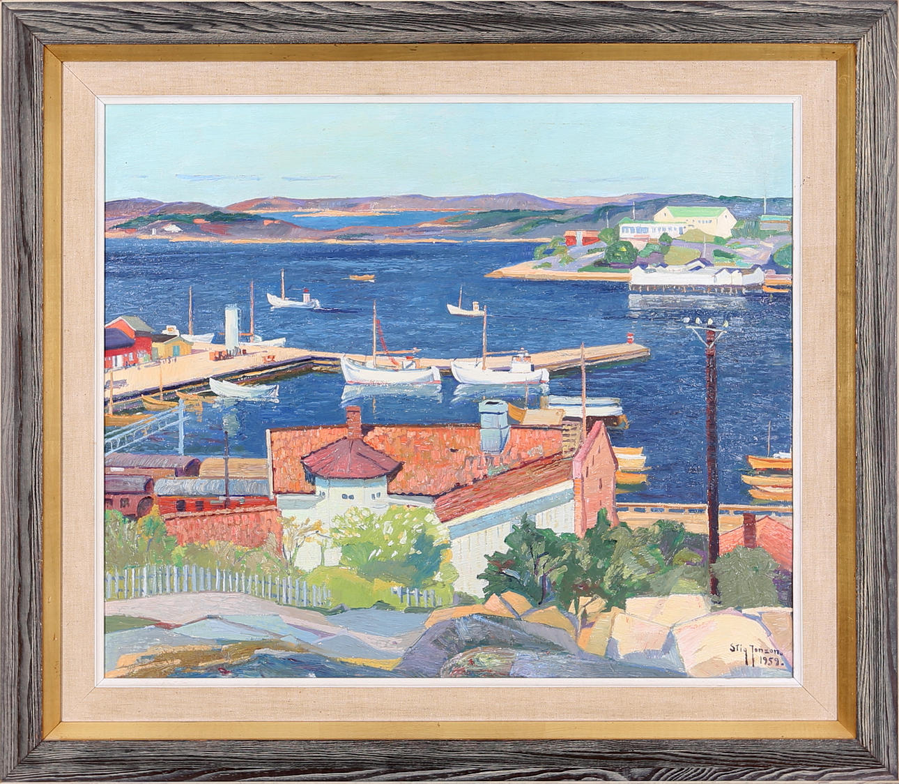STIG JONZON. "Utsikt över hamnen", signerad och daterad Stig Jonzon 1959.