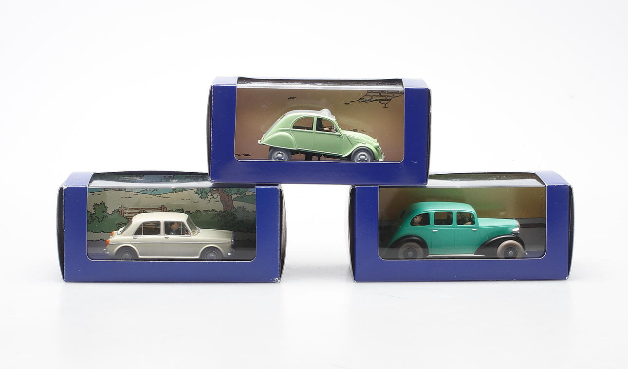 TINTIN, samlarbilar, 3 delar, "Den svarta ön", "Tintin i Amerika" samt "Det hemliga vapnet". (C) Herge-Moulinsart.