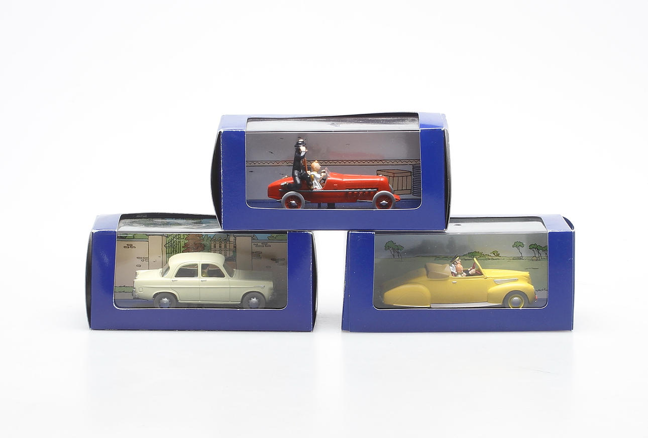 TINTIN, samlarbilar, 3 delar", "Castafiores juveler", "De sju kristallkulorna" samt "Faraos cigarrer". (C) Herge-Moulinsart.