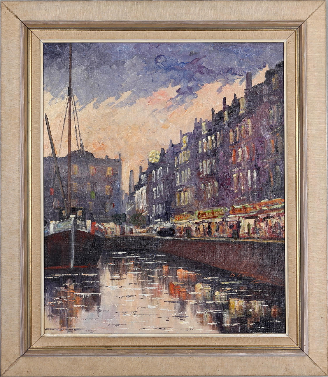 BO LANDBERG. Båten vid hamngatan, Olja på duk, signerad B Landberg.