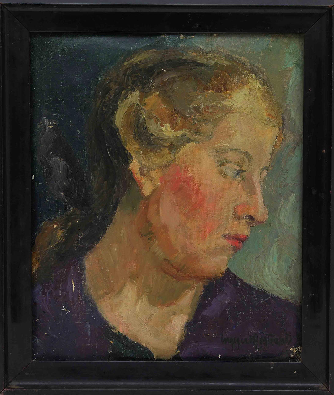 INGEGERD TORHAMN. Porträtt. Olja på duk. Signerad Ingegerd Sjöstrand.