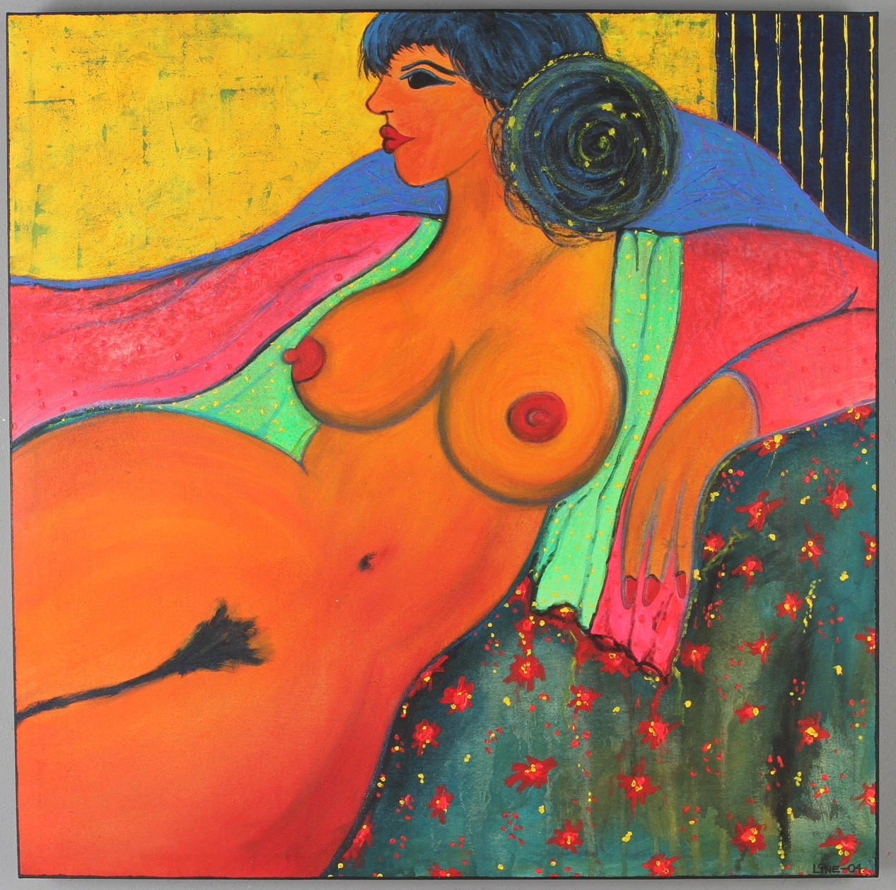 LINE SAETHER. Kvinna, blandteknik på duk, signerad samt daterad -04.