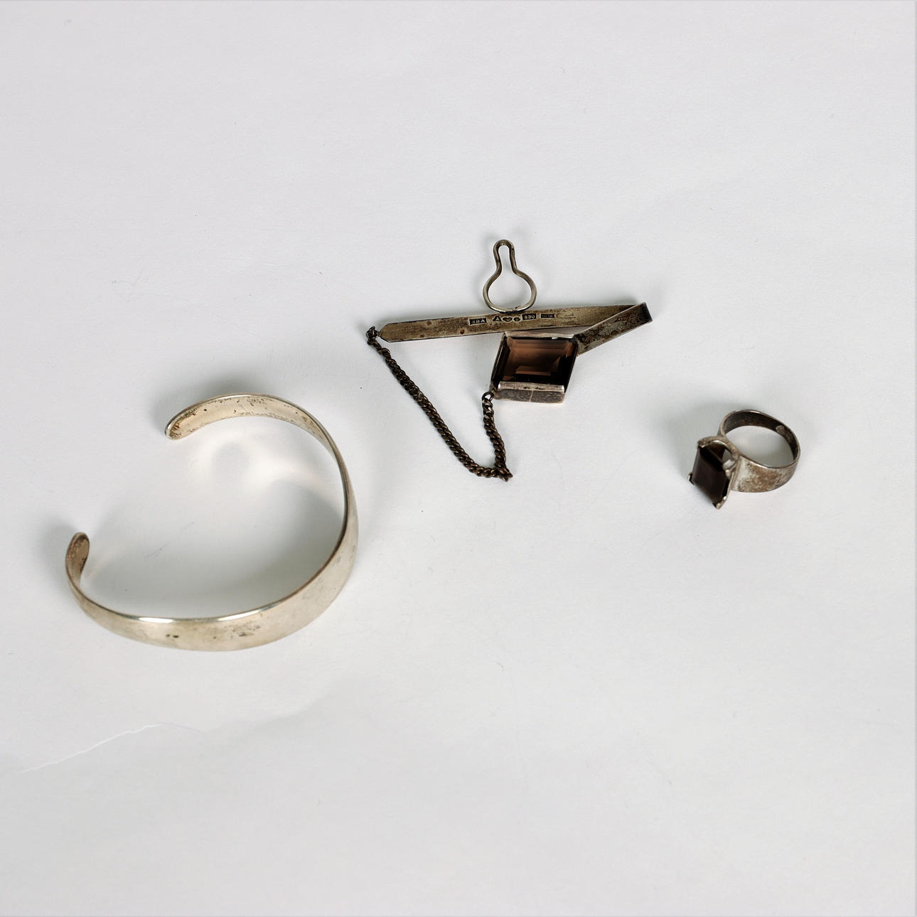 SILVER, 3 parts, bangle, pendant, ring.