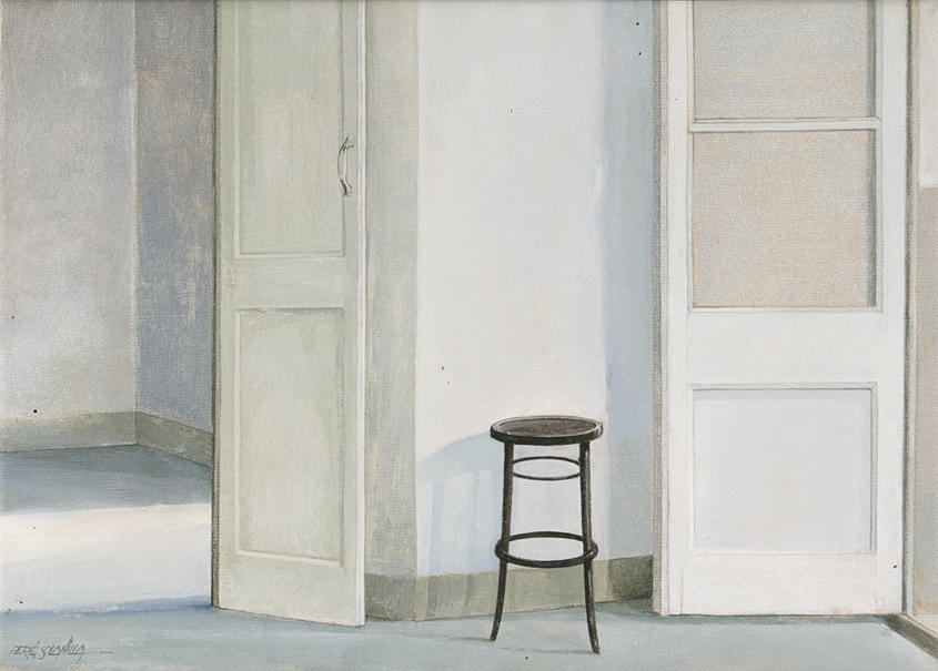PERÉ SOLANILLA, JOSEP MARIA. ”Interiör med pall”. olja/duk. 33 x 45,5 cm L. u. tecken.: Pere Solanilla. A tergo med galleristämpel. ram.
