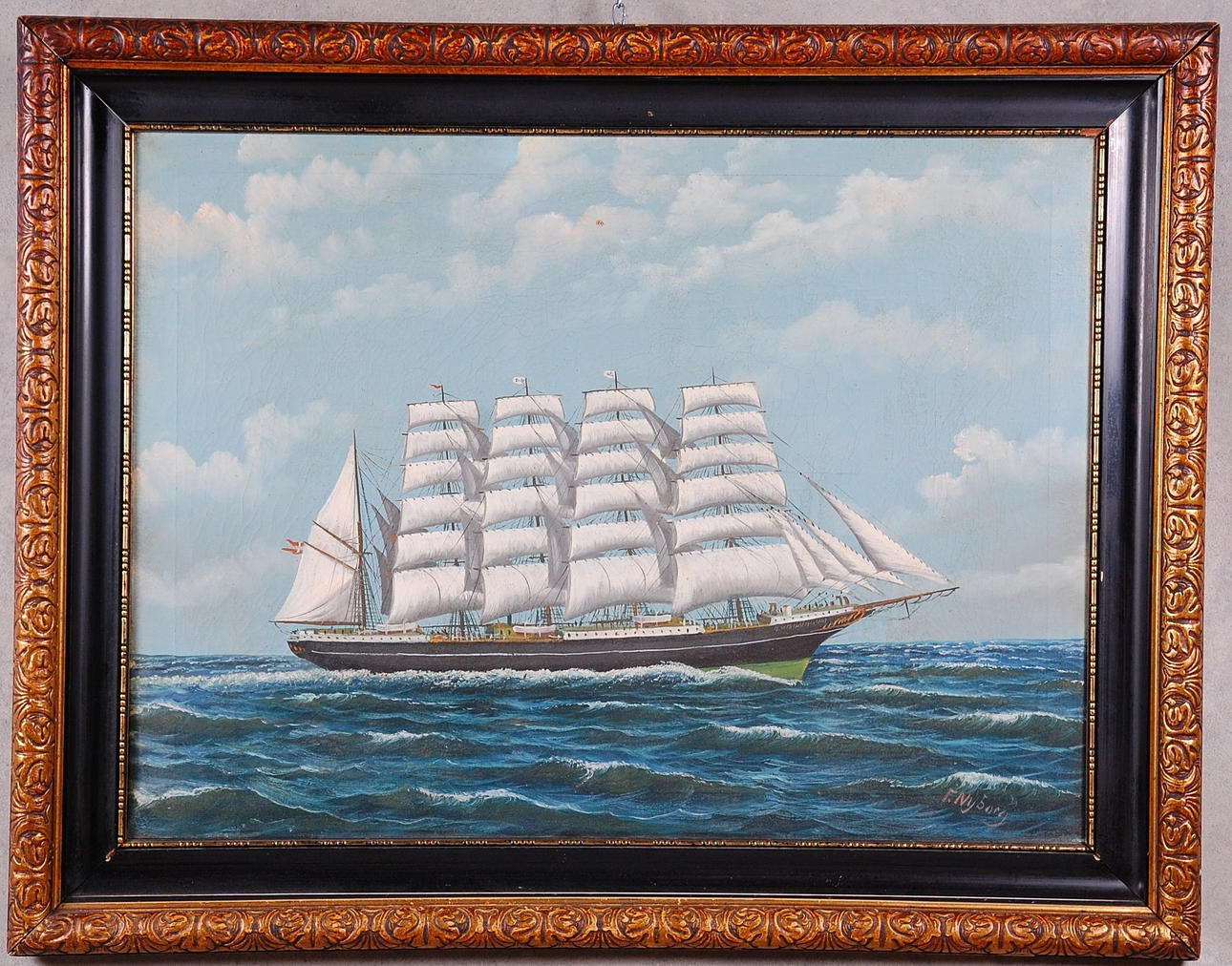 F NYBORG. olja på duk, marinmålning av fullriggaren " Köbenhavn " , 1900-talets början, signerad.