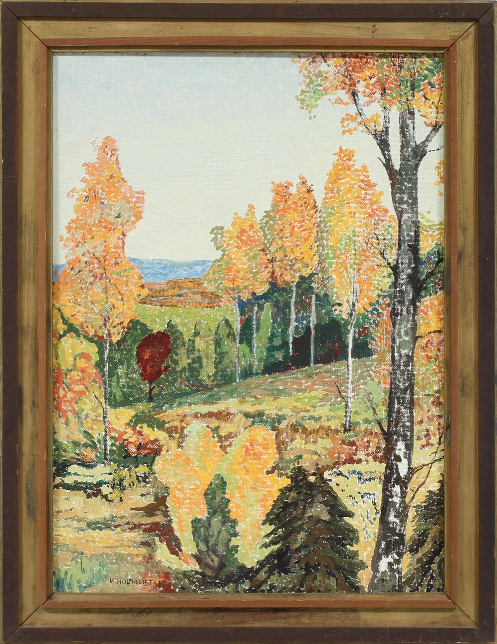 VERNER HOLMQUIST. Höstlandskap, olja på pannå, signerad-51.