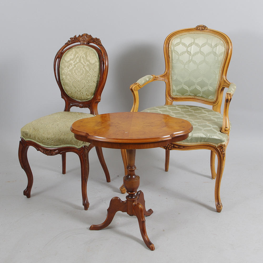 LÆNESTOL, STOL OG BORD, mahogni, rokoko stil.