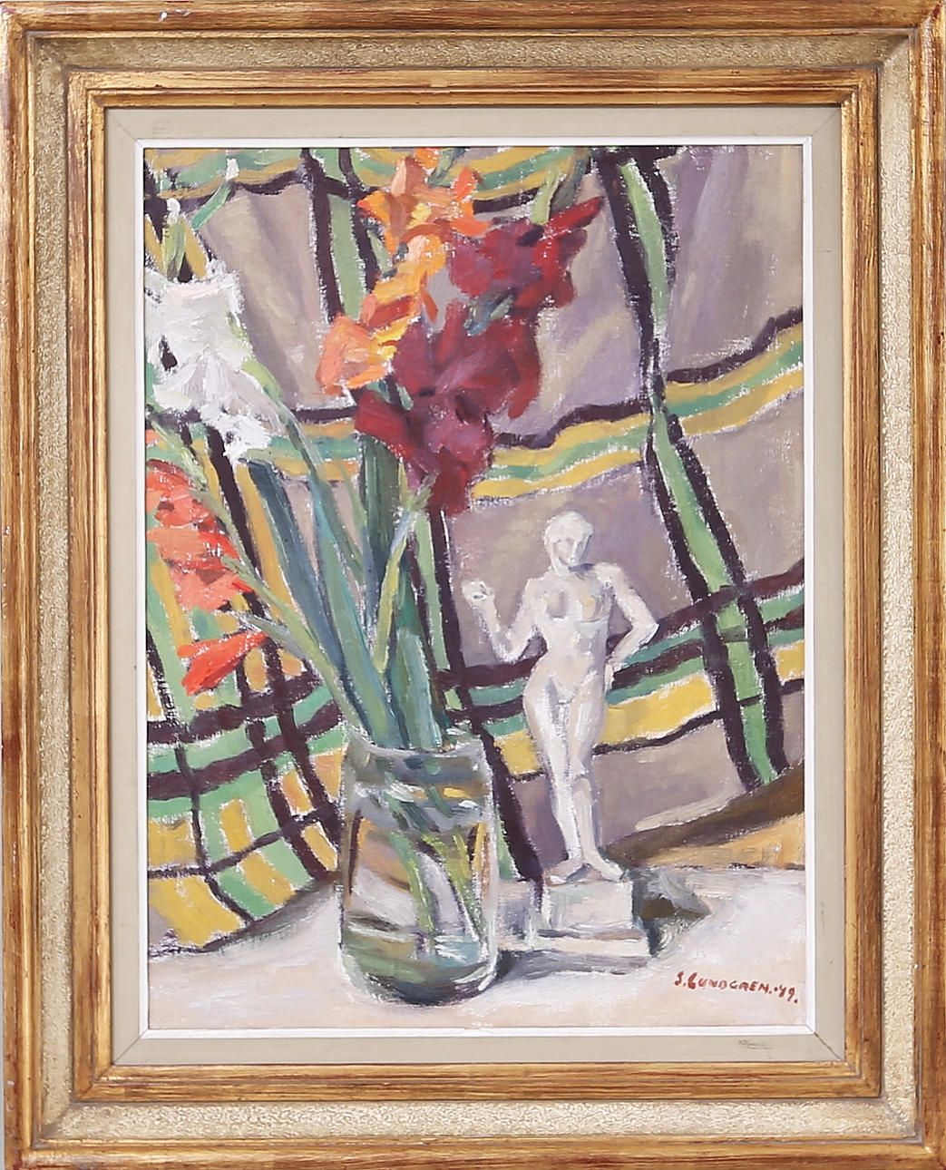 STURE LUNDGREN. OLJA på duk, Gladiolus och statyett mot rutig duk, sign.