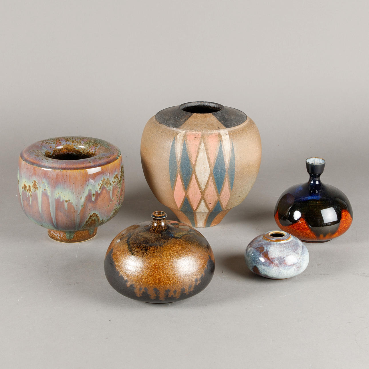 KARIN & WALTER ZANDER. 5 studio ceramic vases.