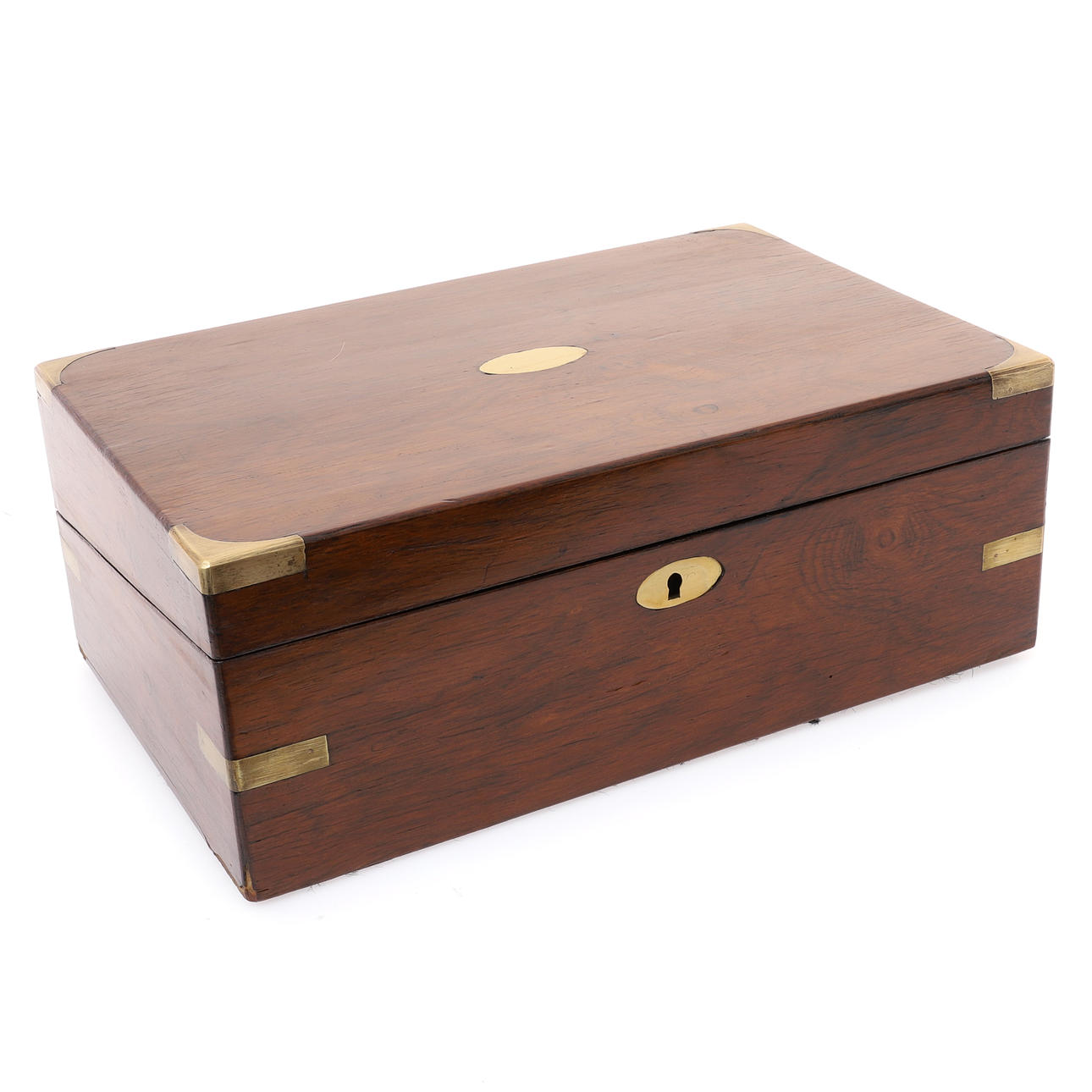 A VICTORIAN ROSEWOOD BRASS BOUND WRITING BOX.