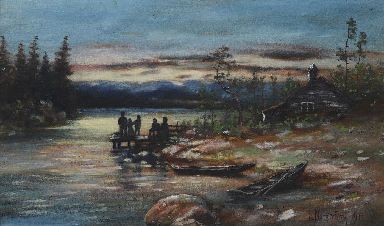 ERIC NORDSTRÖM. Oil on canvas pasted on Board, cottage by the lake, signed, dated 1911.