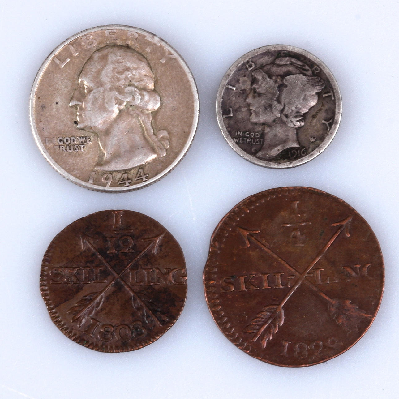 MYNT, 4 st. skilling, koppar, samt dollar, silver, 1800/1900-tal.