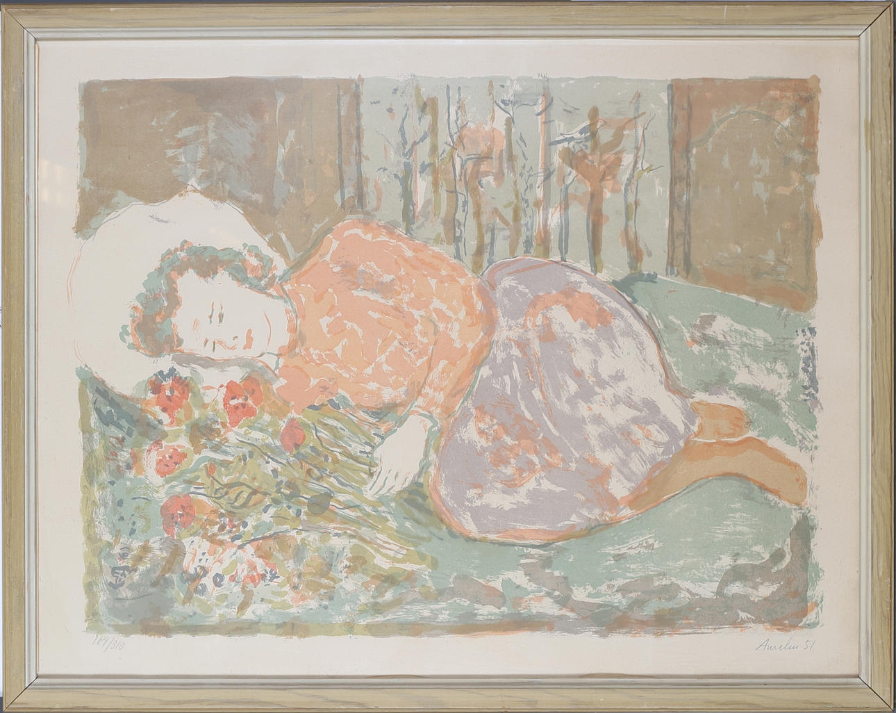 ALBIN AMELIN. Kvinna med blommor. Litografi, signerad, daterad 51 och numrerad 164/310.