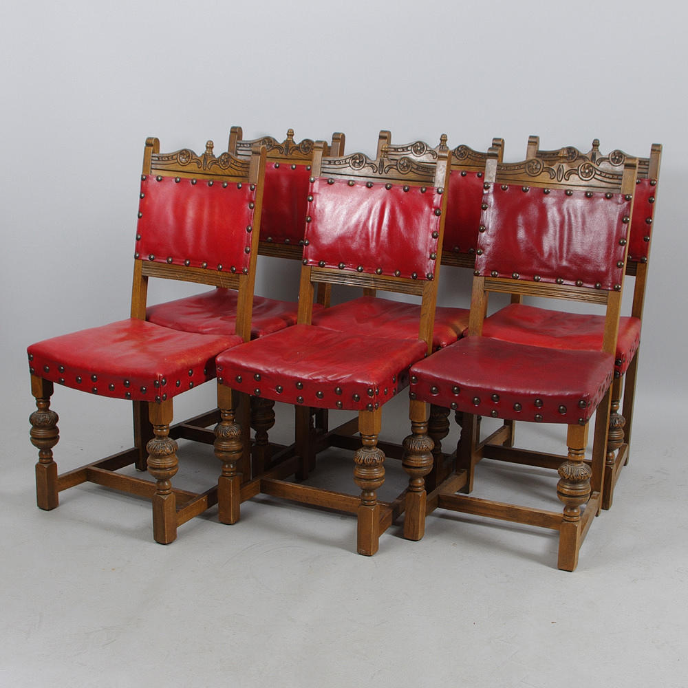 STOLAR, 6 stycken, ek, rött skinn, barockstil.