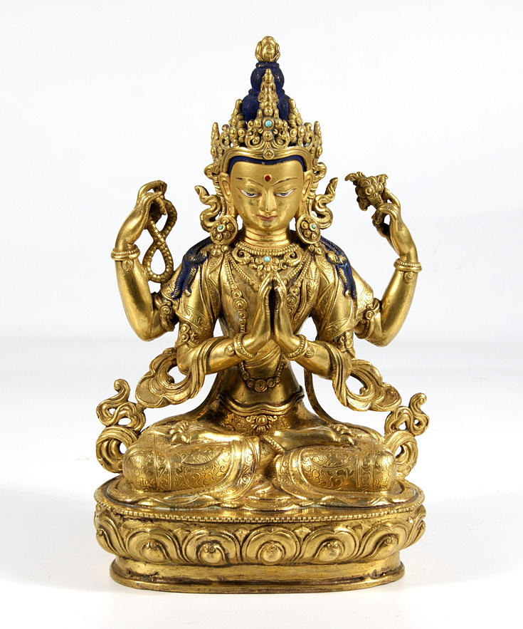 AVALOKITESHVARA. Gjuten koppar, eld guldpläterad. Tibet 1900-tal.
