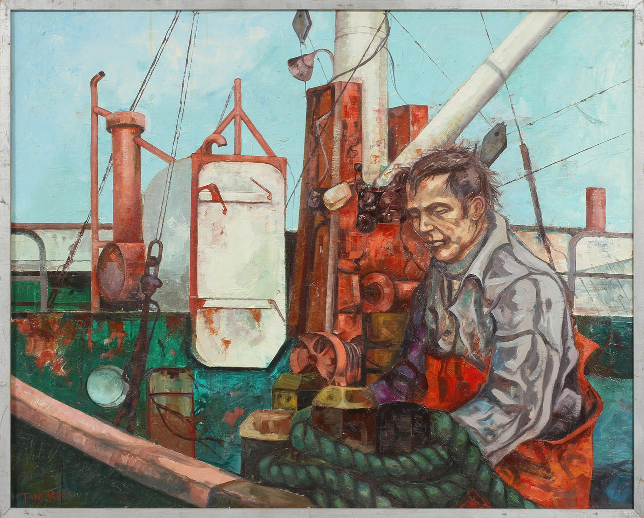 TONY ROOS. "Röjning efter fiske", olja på duk, signerad , 1979.