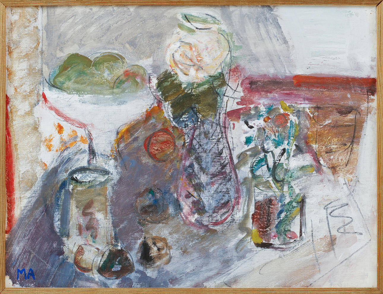 MAJ ARNELL. "Objects on table", oil on Board, signed.