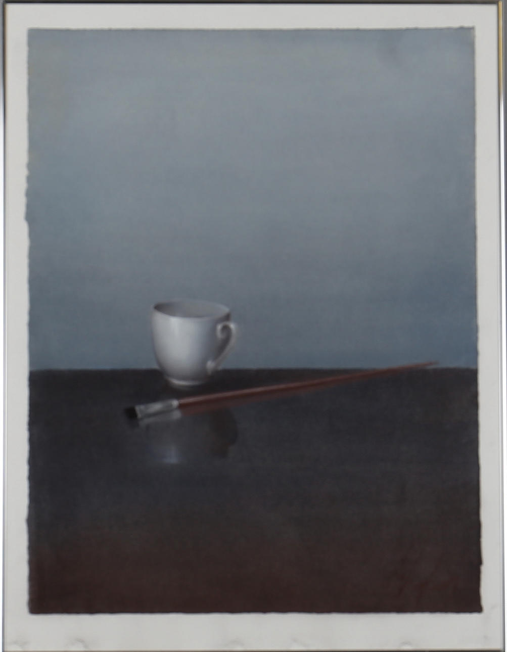 ALLAN MADSEN. Pastell. Komposition med pensel och kopp. Signerad A Madsen.