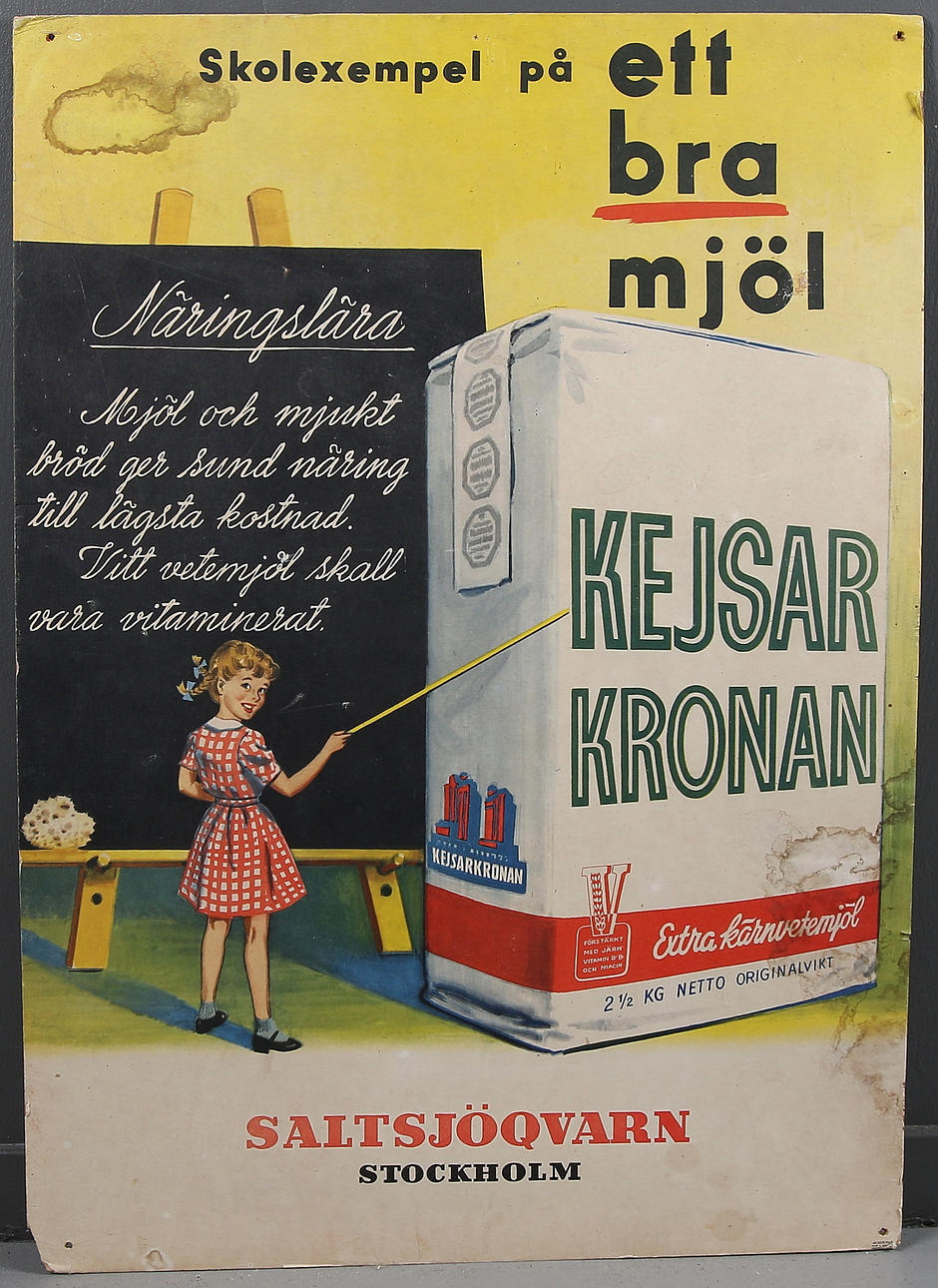 REKLAMSKYLT, Saltsjöqvarn Stockholm, Kejsar Kronan Vetemjöl. 1900-talets mitt.