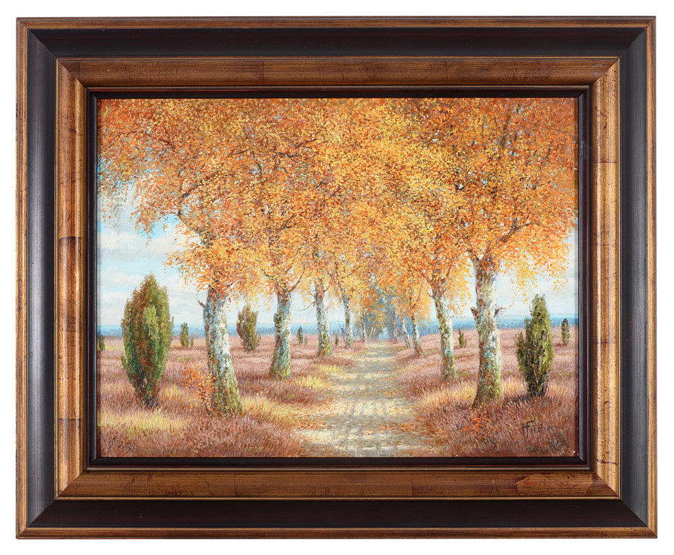 HANS FISCHER. " Herbststimmung in der Lüneburger Heide ". Öl auf Hartfaserplatte.