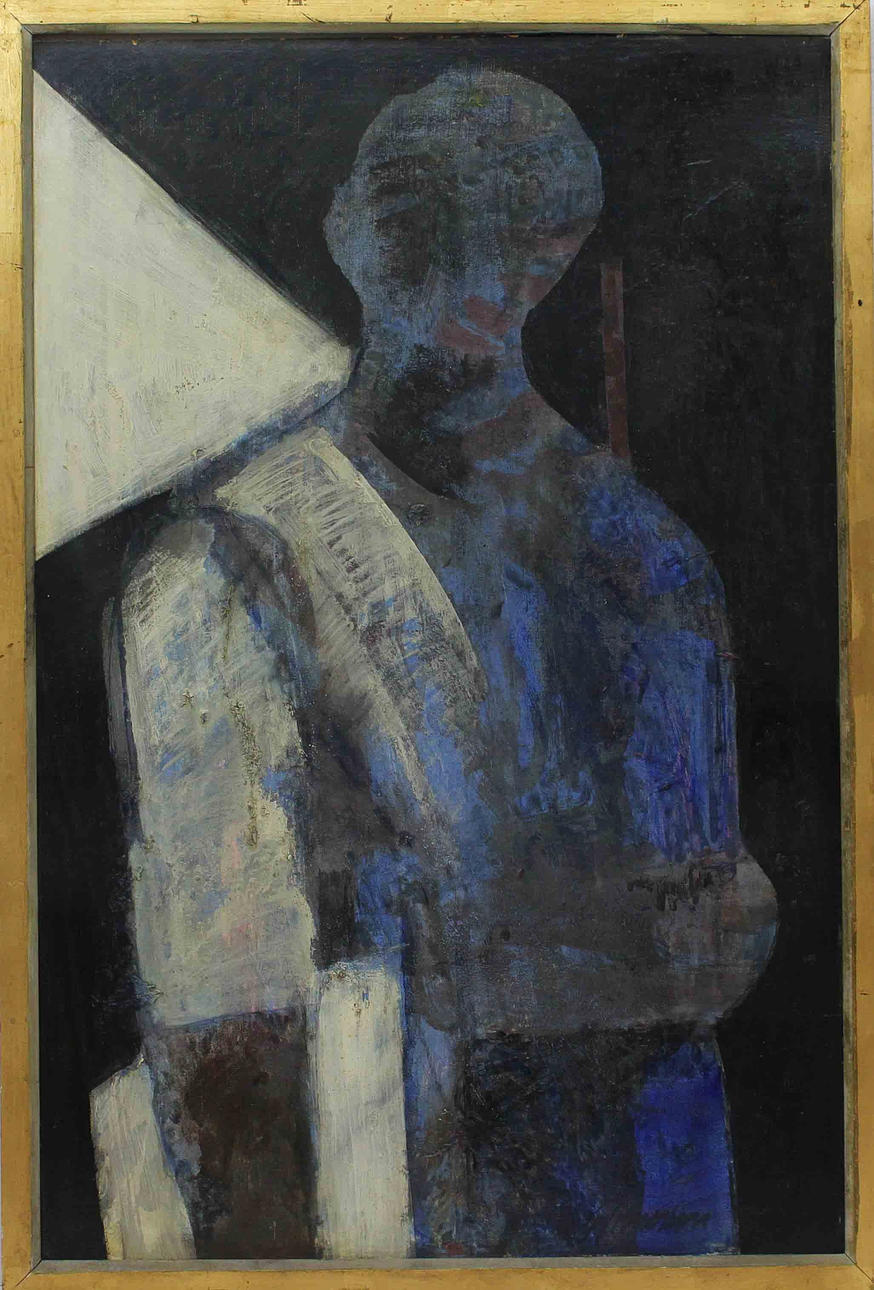 GUNNAR JOHNSSON. "Spansk tidningsförsäljare med fiskespö". Olja på pannå. Signerad.