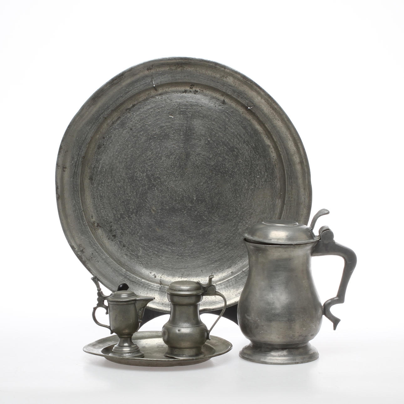 PARTI TENN, 5 delar, bland annat fat, Stockholm, Hudisvall, 1700-1900-tal.