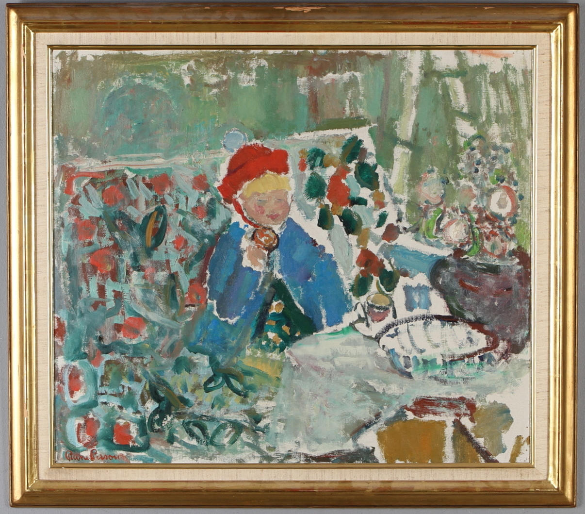 RUNE PERSSON. Kaffe med dopp, olja på pannå, signerad.