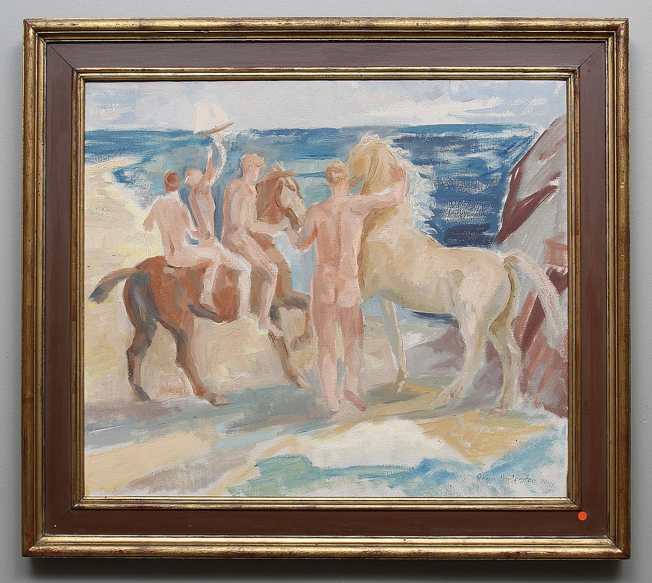 RAGNHILD NORDENSTEN. "Pojkar på havsstranden". Olja på duk. Signerad och daterad 1941.