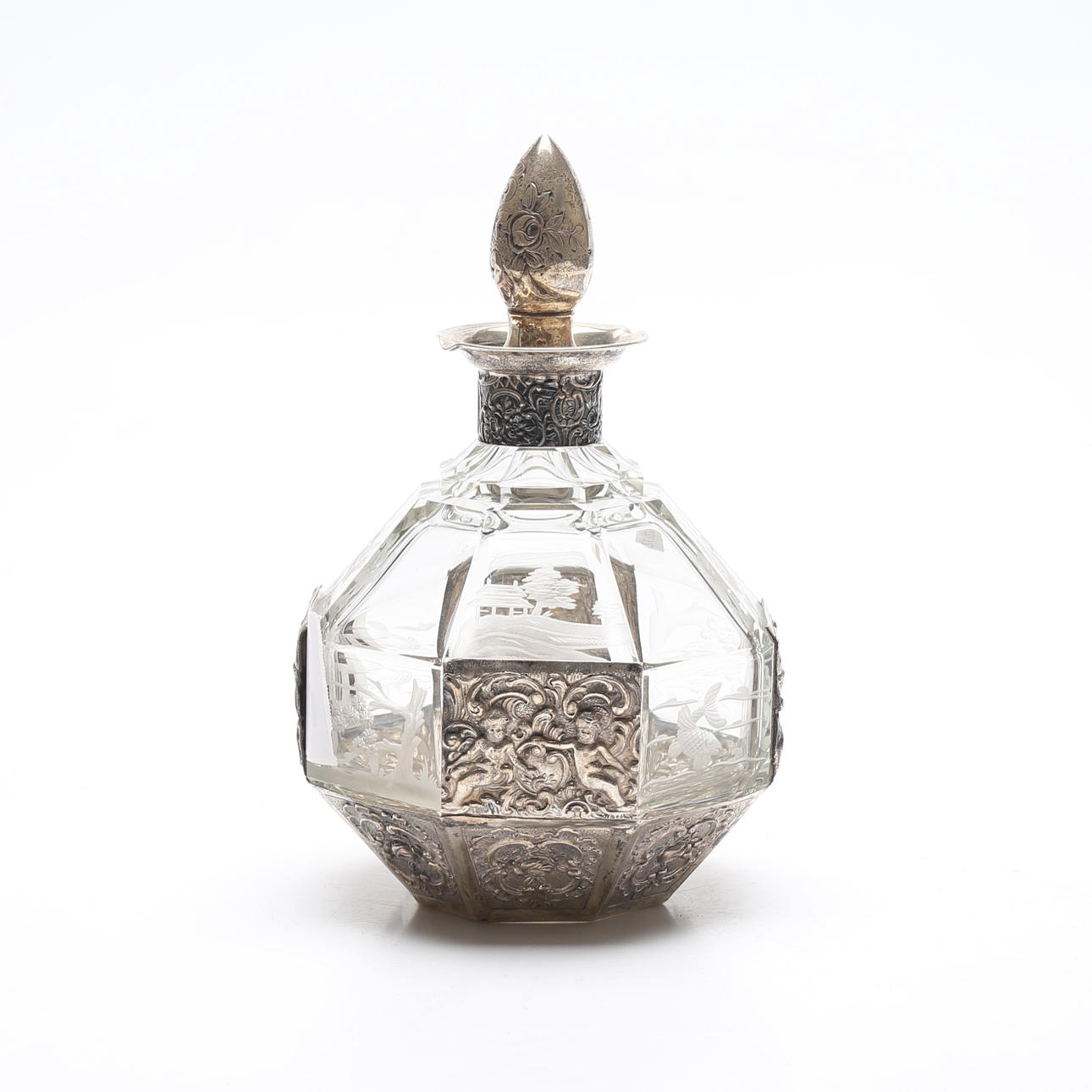 KARAFFE, Silber und Glas, 20. Jahrhundert.
