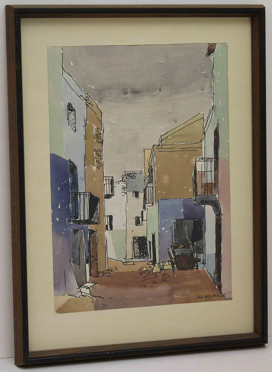 RICHARD BJÖRKLUND. "Spansk gata". Akvarell. Signerad Rich Björklund.