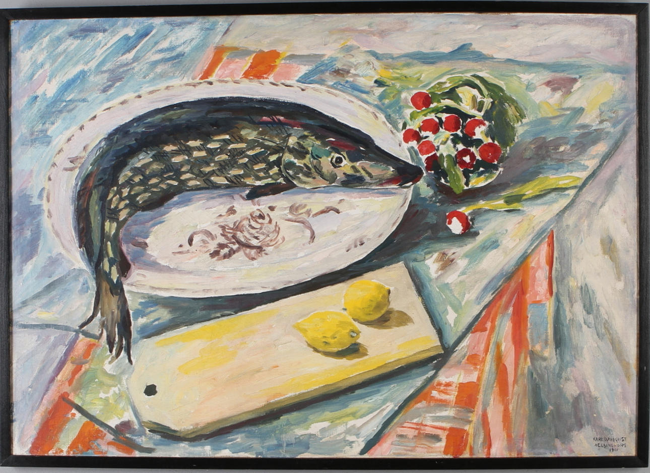 KARL DAHLQVIST. Stilleben med gädda och citroner, olja på duk, signerad och daterad Helsingfors 1941.