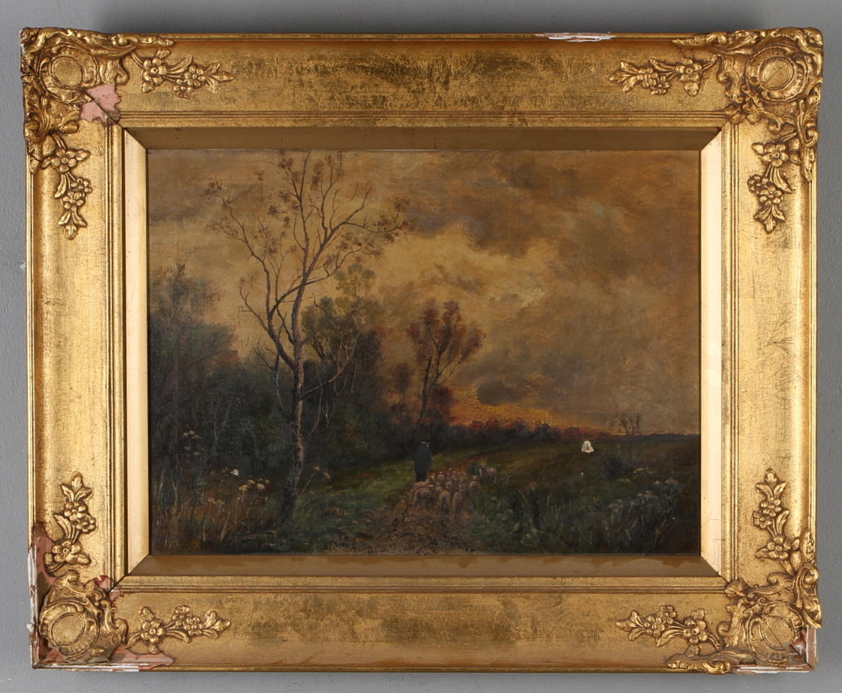 OIDENTIFIERAD KONSTNÄR. Landskap med fåraherde, olja på duk, England, monogramsignerad.