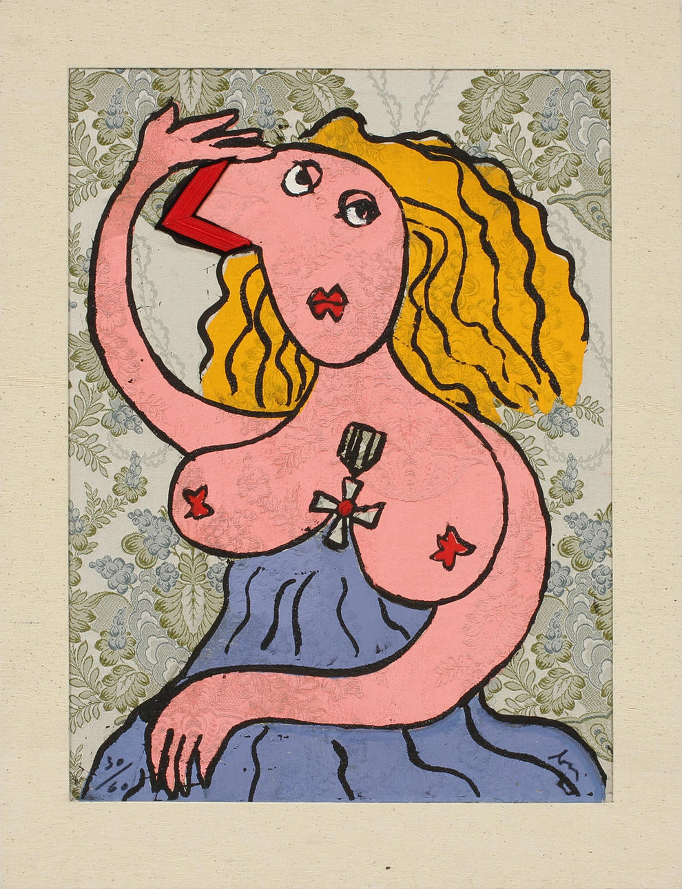 ENRICO BAJ. Figur, blandteknik med collage på textil, signerad och numrerad 30/60.