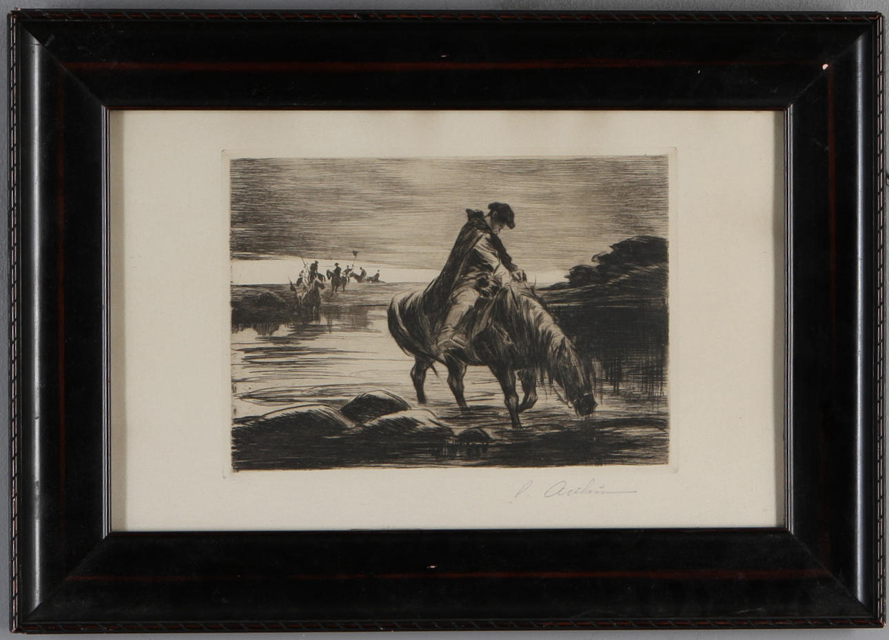 OIDENTIFIERAD KONSTNÄR. Karoliner till häst, gravyr, signerad.