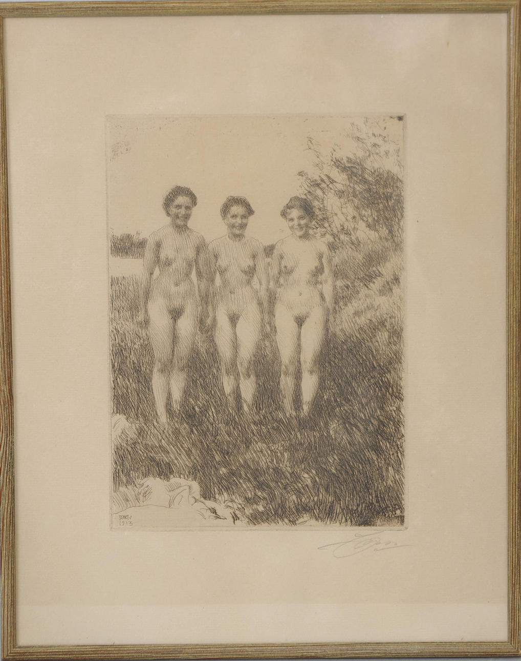 ANDERS ZORN. "Tre systrar", etsning, signerad.