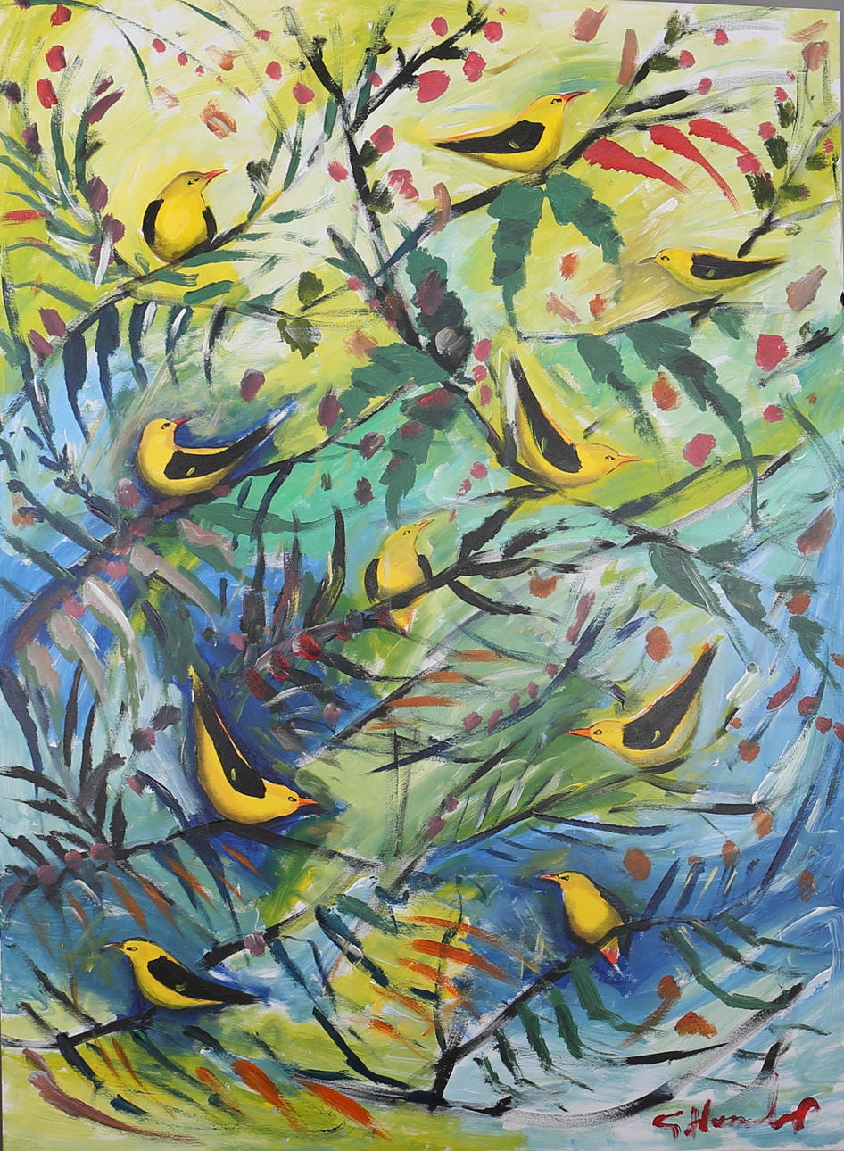 GÖRAN HAUSENKAMP. Fåglar. Akryl på duk. Signerad G Hausenkamp.