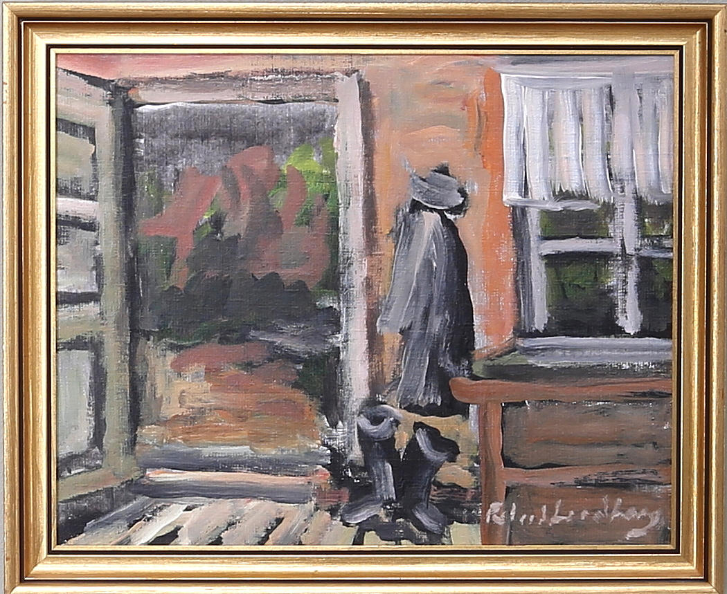 ROLAND LINDBERG. På vägen ut, olja på duk, signerad Roland Lindberg.