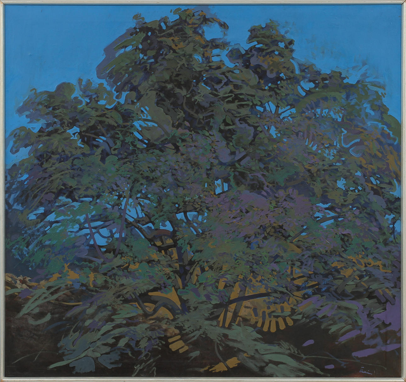 GUNNAR THORÉN. Vegetation med blå bakgrund, olja på duk, signerad.