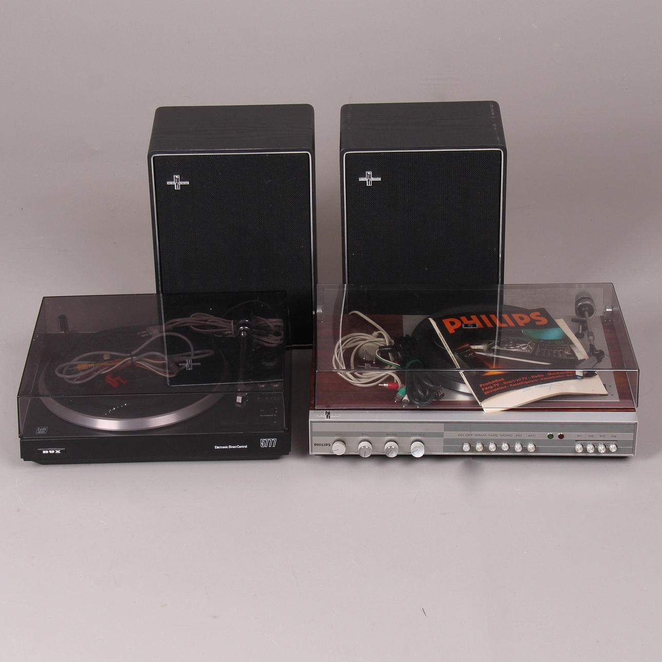 SKIVSPELARE, samt högtalare, 4 delar, Dux och Philips, 1900-tal.