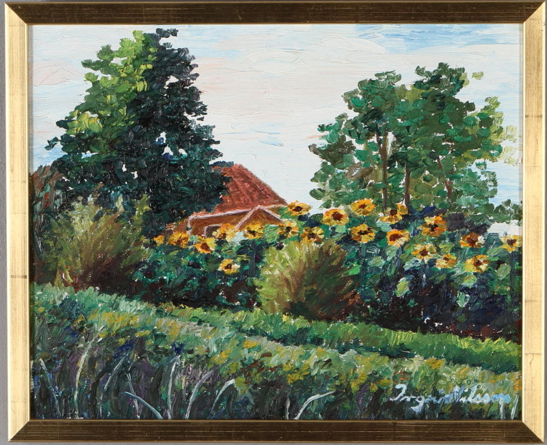 INGRID NILSSON-OLSSON. Landskap med hus, olja på duk, signerad.