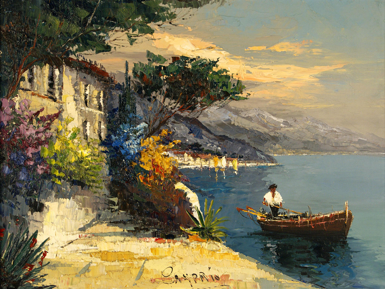 KÜNSTLER DES 20. JAHRHUNDERTS. ”Sommar kustlandskap med roddare”. olja/duk. 60 x 79,5 cm Um. Bez: Cayprio. ram.