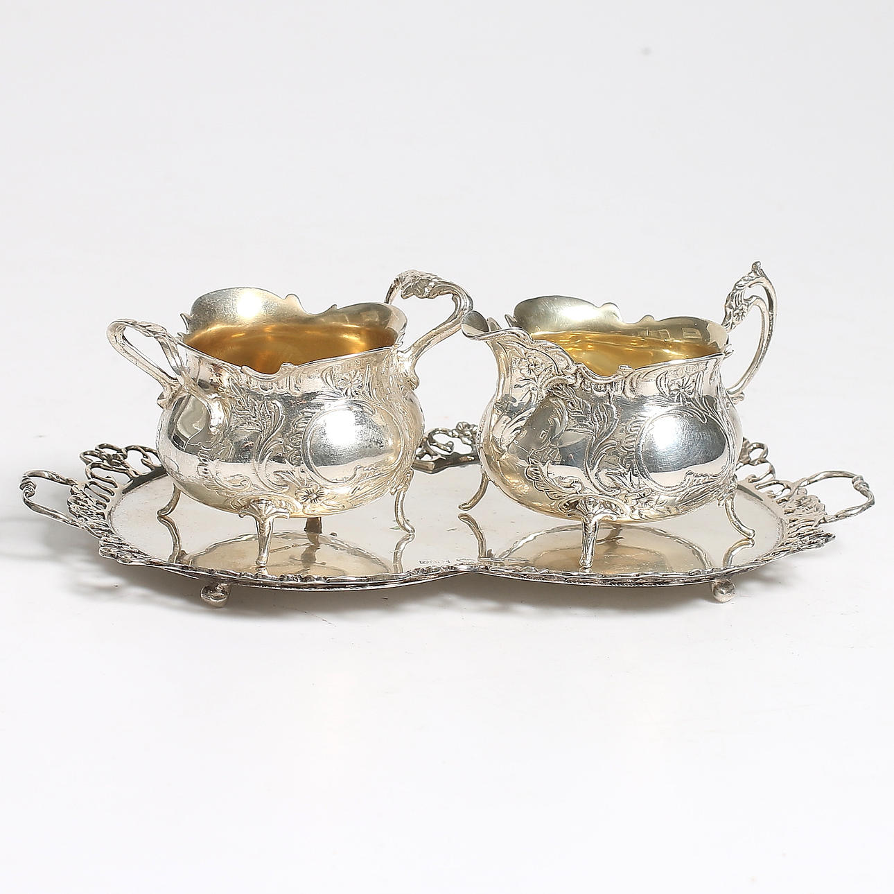 SOCKERSKÅL, GRÄDDSNIPA med BRICKA, silver, GEWE, 1960/61. Vikt 352 gram.