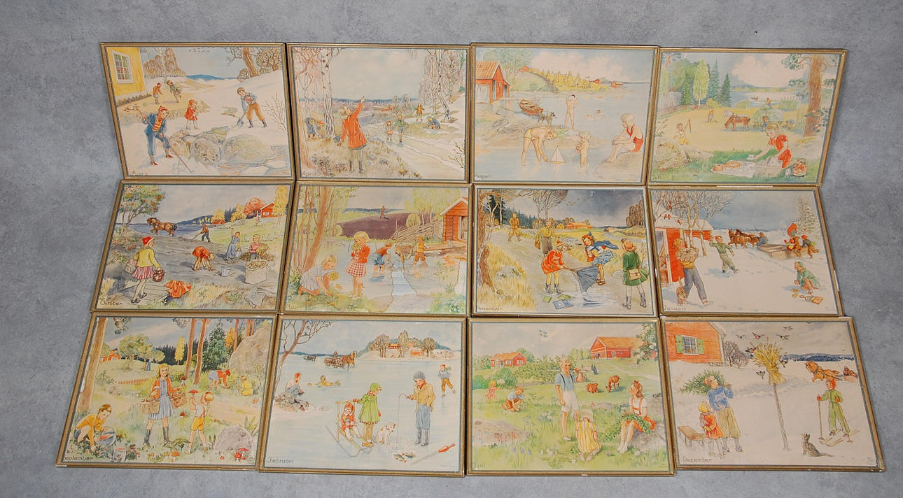 PLANSCHER, årets 12 månader, av Maj Lindman, 1900-tal.