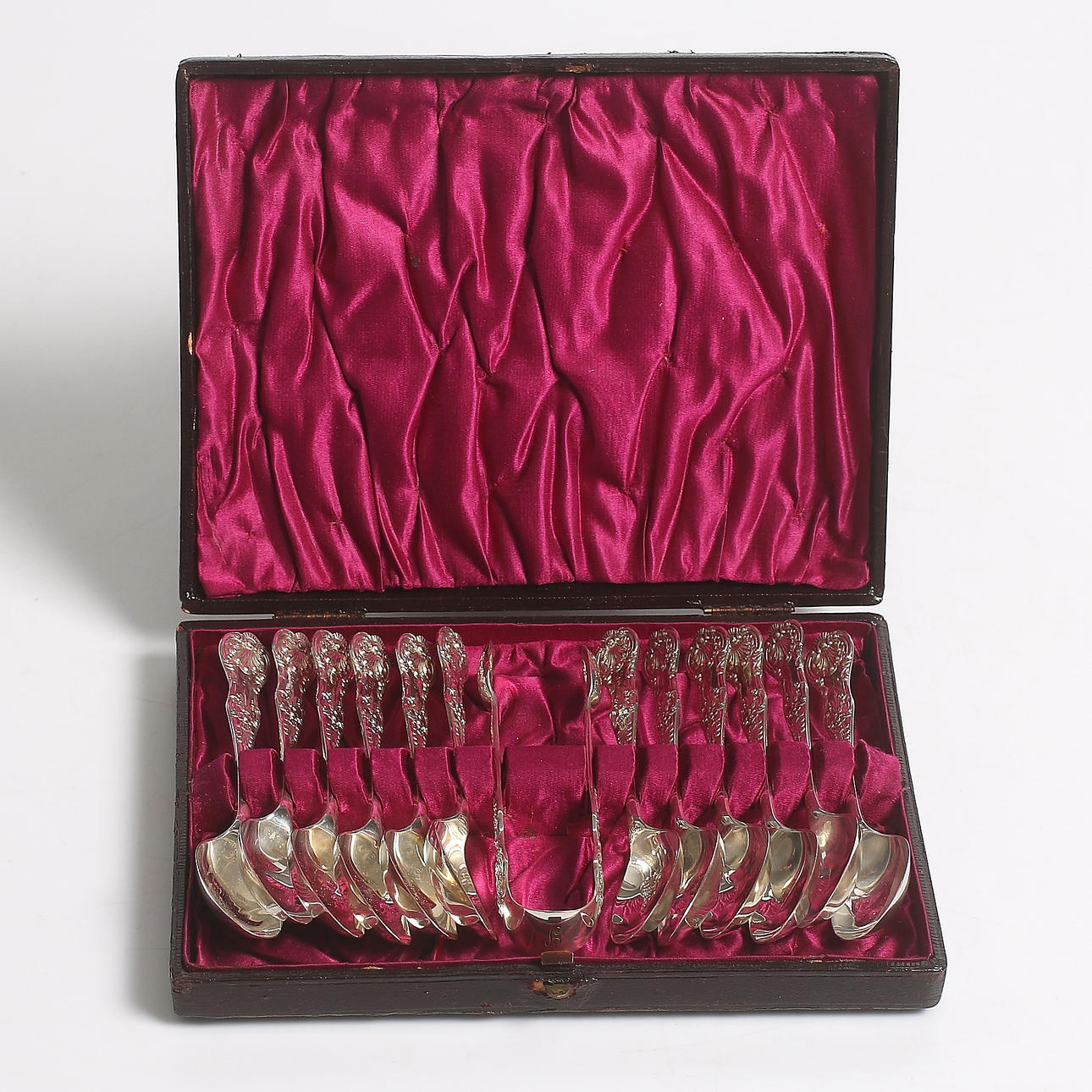 KAFFESKEDAR, 12 st, samt SOCKERTÅNG, Sterling silver, Sheffield, England. 1888.