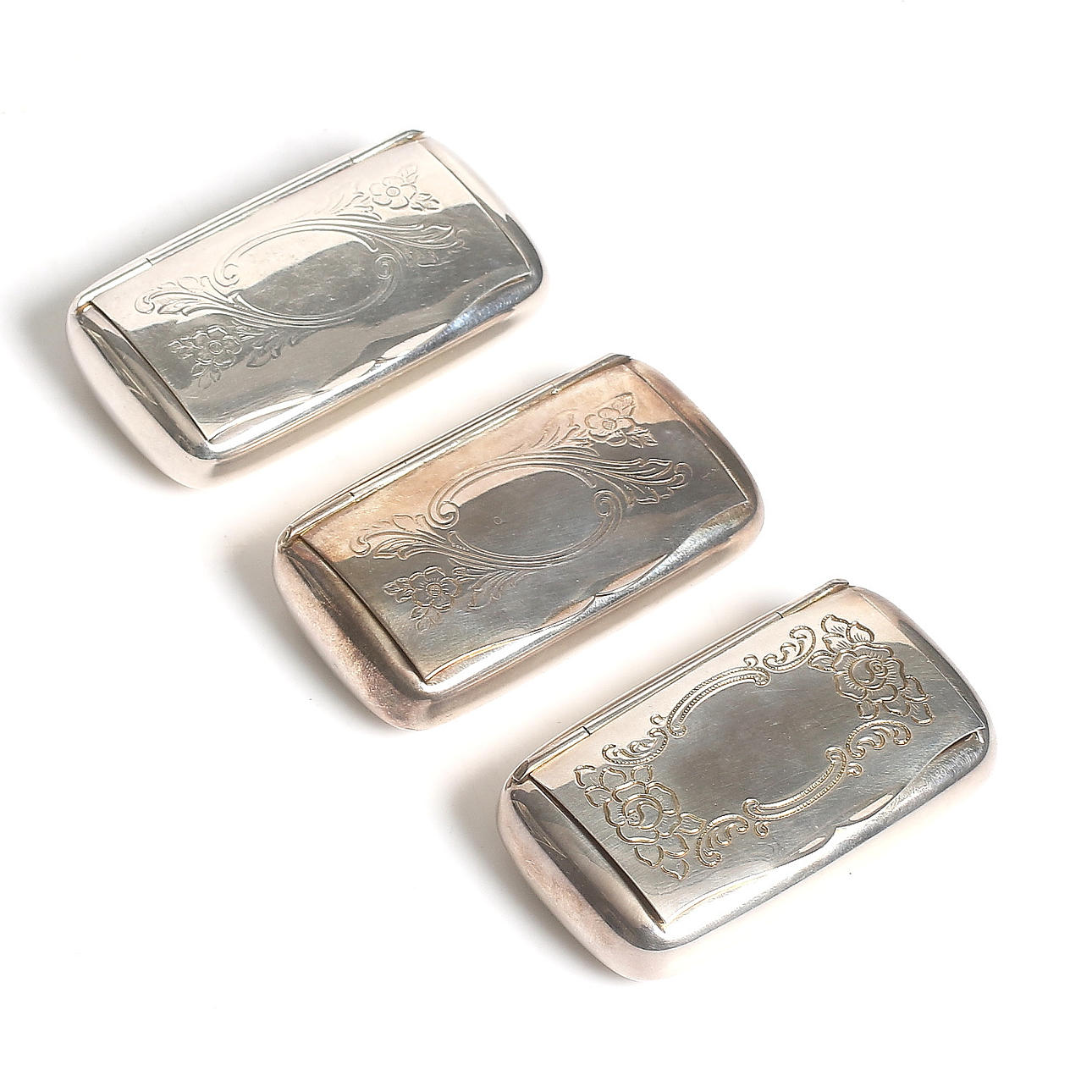 SNUSDOSOR, 3 st, silver, importstämplar. 1900-tal.