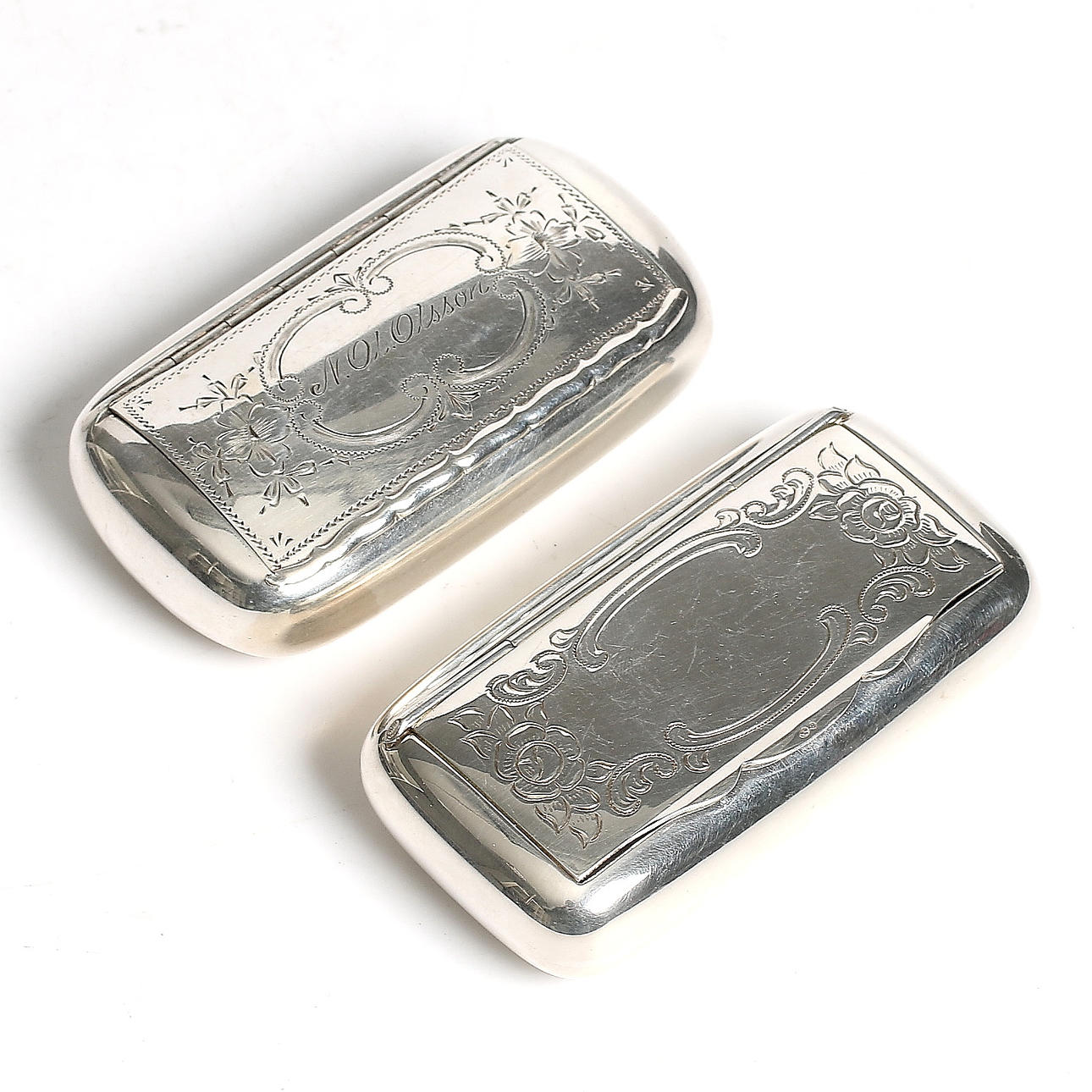 SNUSDOSOR, 2 st, silver, importstämplar. 1900-tal.