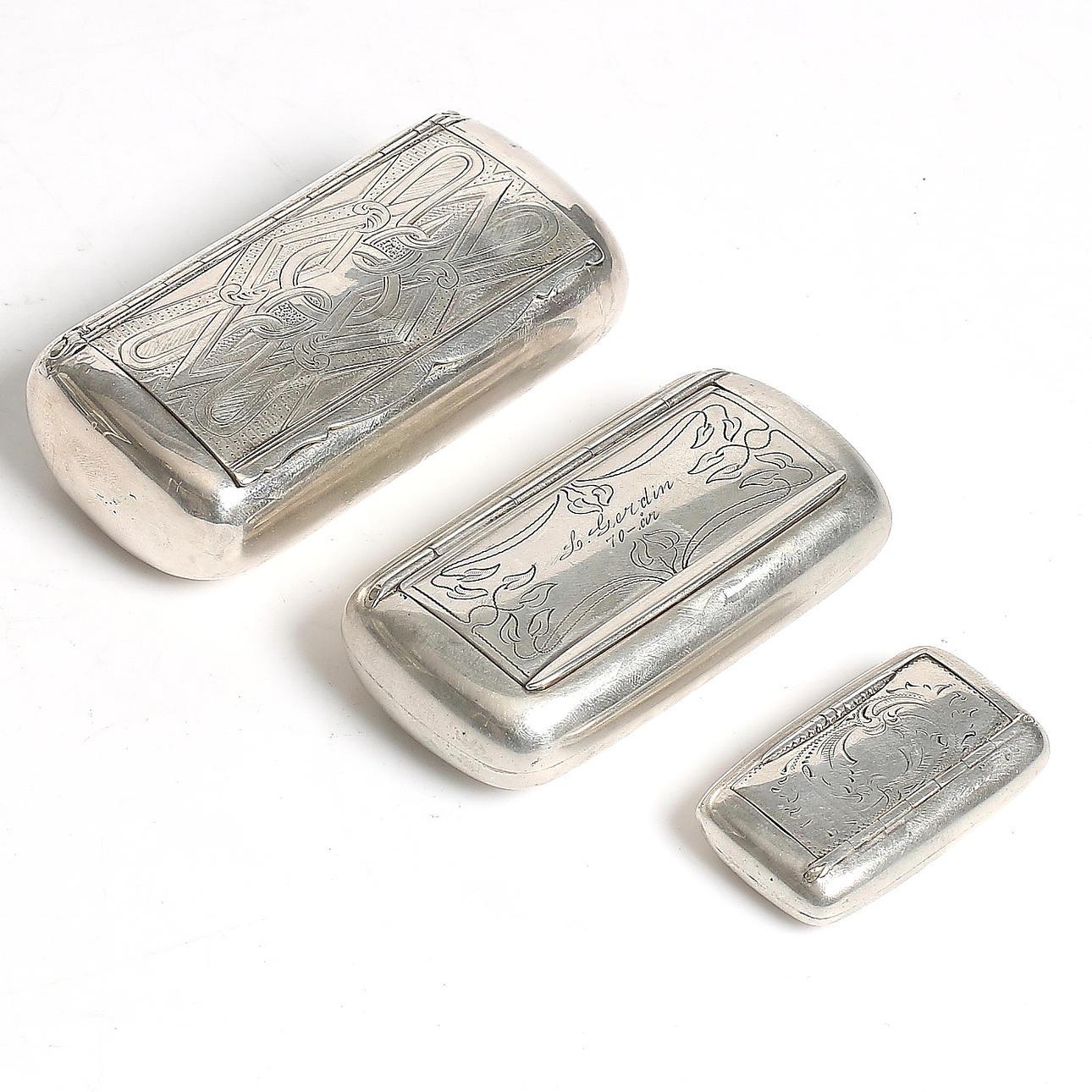 SNUSDOSOR, 3 st, silver bl.a. JT Palmgren, Norrköping. 1873.