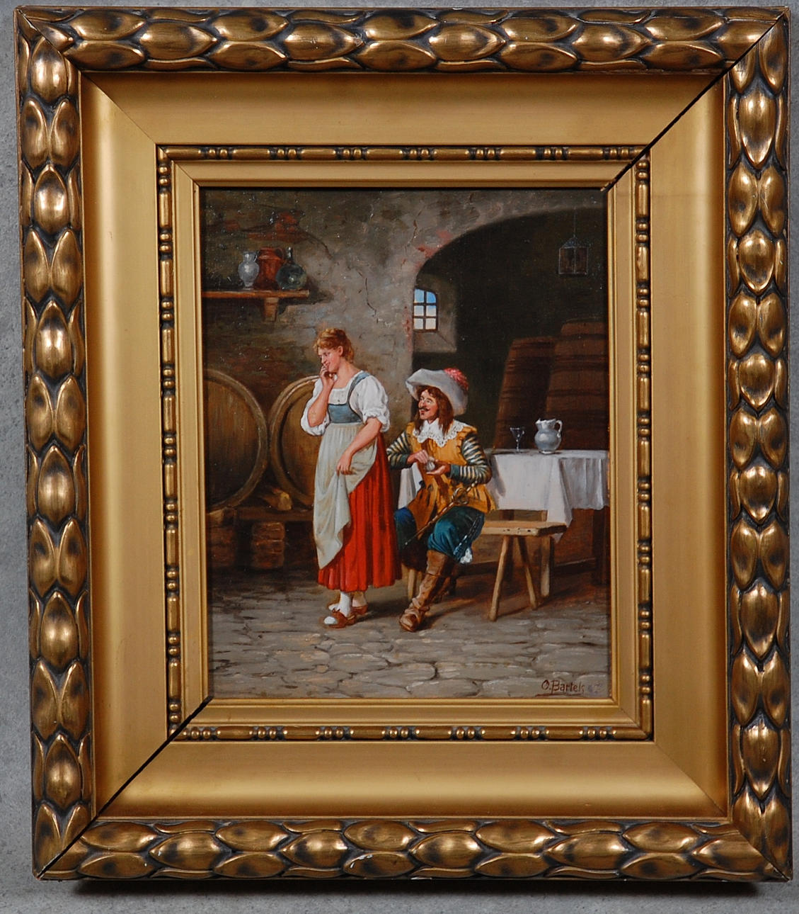 CARL OLOF BARTELS. 1869-1958, olja på pannå, " Kurtiserande par " signerad.